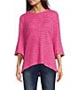 Color:Hot Pink - Image 1 - Textured Pucker Knit 3/4 Bell Sleeves High-Low Hem Tunic