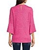 Color:Hot Pink - Image 2 - Textured Pucker Knit 3/4 Bell Sleeves High-Low Hem Tunic