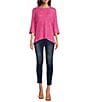 Color:Hot Pink - Image 3 - Textured Pucker Knit 3/4 Bell Sleeves High-Low Hem Tunic