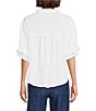 Calessa Textured Split Tie Neck Elbow Length Sleeve Button Front Tunic - Image 2