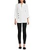 Calessa Textured Yarn-Dye Knit Wire Collar 3/4 Roll-Tab Sleeve Quarter Zip-Up Tunic, Color:White - Image 3