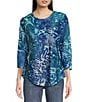 Color:Blue Multi - Image 1 - Tie-Dye Burnout Jacquard Abstract Paisley Print Crew Neck 3/4 Sleeve Tunic