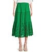 Color:Green - Image 1 - Tiered Border Embroidery Pull-On Midi Skirt