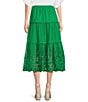 Color:Green - Image 2 - Tiered Border Embroidery Pull-On Midi Skirt