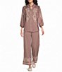 Calessa Wide Leg Embroidered Border Hem Pull-On Coordinating Cropped Pants - Image 3