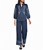 Calessa Wide Leg Embroidered Border Hem Pull-On Cropped Pants - Image 3