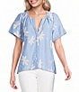 Calessa Woven All Over Embroidered Split V-Neck Short Sleeve Tunic - Image 1