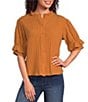 Calessa Woven Band Collar Elbow Length Sleeve Button Front Shirt - Image 1