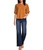 Calessa Woven Band Collar Elbow Length Sleeve Button Front Shirt - Image 3