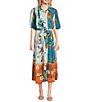 Calessa Woven Border Leaf Print Point collar Elbow Sleeve Button-Front Midi Dress, Color:Turquoise/Multi - Image 1