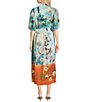 Calessa Woven Border Leaf Print Point collar Elbow Sleeve Button-Front Midi Dress, Color:Turquoise/Multi - Image 2