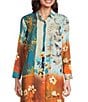 Calessa Woven Border Leaves Print Point Collar Long Sleeve Button Front Duster Tunic, Color:Turquoise/Multi - Image 1