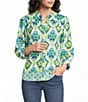 Calessa Woven Border Mosaic Patchwork Split Tie Neck 3/4 Sleeve Tunic - Image 1