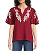 Calessa Woven Embroider Leaf Split V-Neck Elbow Length Puff Sleeve Top - Image 1