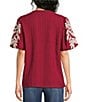 Calessa Woven Embroider Leaf Split V-Neck Elbow Length Puff Sleeve Top - Image 2