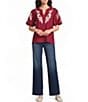 Calessa Woven Embroider Leaf Split V-Neck Elbow Length Puff Sleeve Top - Image 3