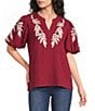 Calessa Woven Embroider Leaf Split V-Neck Elbow Length Puff Sleeve Top - Image 1