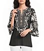 Calessa Woven Embroidered Patchwork Round Split V-Neck 3/4 Sleeve Tunic - Image 1