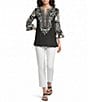 Calessa Woven Embroidered Patchwork Round Split V-Neck 3/4 Sleeve Tunic - Image 4