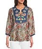 Calessa Woven Embroidered Patchwork Split Tie Neck 3/4 Sleeve Tunic - Image 1