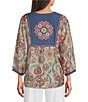 Calessa Woven Embroidered Patchwork Split Tie Neck 3/4 Sleeve Tunic - Image 2
