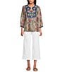Calessa Woven Embroidered Patchwork Split Tie Neck 3/4 Sleeve Tunic - Image 3