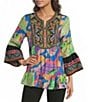 Calessa Woven Embroidered Patchwork Split V-Neck 3/4 Bell Sleeve Tunic - Image 1