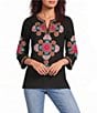 Calessa Woven Embroidered Split Round V-Neck 3/4 Sleeve Tunic - Image 1