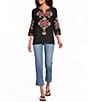 Calessa Woven Embroidered Split Round V-Neck 3/4 Sleeve Tunic - Image 5