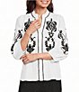 Calessa Woven Embroidered Split V-Neck Elbow Length Sleeve Button Front Tunic - Image 5