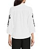 Calessa Woven Embroidered Split V-Neck Elbow Length Sleeve Button Front Tunic - Image 6