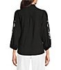 Calessa Woven Embroidered Split V-Neck Elbow Length Sleeve Button Front Tunic - Image 2