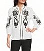 Calessa Embroidered Ruffle Split V-Neck 3/4 Sleeve Button Front Tunic - Image 5