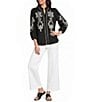 Calessa Woven Embroidered Split V-Neck Elbow Length Sleeve Button Front Tunic - Image 3