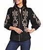 Calessa Woven Embroidered Split V-Neck Elbow Length Sleeve Top - Image 1