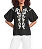 Calessa Woven Embroidered Split V-Neck Elbow Sleeve Tunic - Image 1