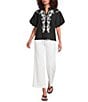 Calessa Woven Embroidered Split V-Neck Elbow Sleeve Tunic - Image 3