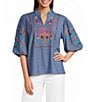 Calessa Woven Embroidered Stand Split V-Neck Elbow Puff Sleeve Top - Image 1