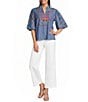Calessa Woven Embroidered Stand Split V-Neck Elbow Puff Sleeve Top - Image 3