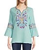 Color:Aqua Multi - Image 1 - Woven Embroidered Textured Split V-Neck 3/4 Bell Sleeve Tunic