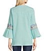 Color:Aqua Multi - Image 2 - Woven Embroidered Textured Split V-Neck 3/4 Bell Sleeve Tunic