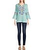 Color:Aqua Multi - Image 3 - Woven Embroidered Textured Split V-Neck 3/4 Bell Sleeve Tunic