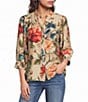 Calessa Woven Floral Split V-Neck 3/4 Cuffed Sleeve Button Front Coordinating Blouse - Image 1