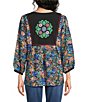 Calessa Woven Geometric Retro Round Split Neck 3/4 Sleeve Tunic - Image 2