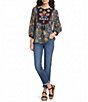 Calessa Woven Geometric Retro Round Split Neck 3/4 Sleeve Tunic - Image 3