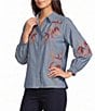 Calessa Woven Leaf Embroidery Point Collar 3/4 Sleeve Button Front Shirt - Image 1