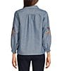 Calessa Woven Leaf Embroidery Point Collar 3/4 Sleeve Button Front Shirt - Image 2