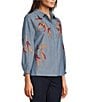 Calessa Woven Leaf Embroidery Point Collar 3/4 Sleeve Button Front Shirt - Image 3