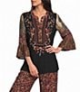 Calessa Woven Multi Print Embroidered Split V-Neck 3/4 Bell Sleeve Tunic - Image 1