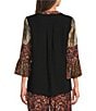 Calessa Woven Multi Print Embroidered Split V-Neck 3/4 Bell Sleeve Tunic - Image 2
